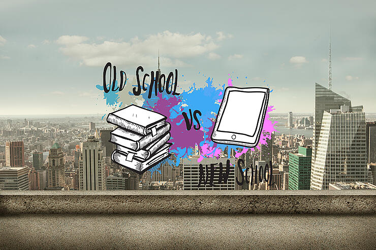 Old school vs new school on paint splashes against balcony overl