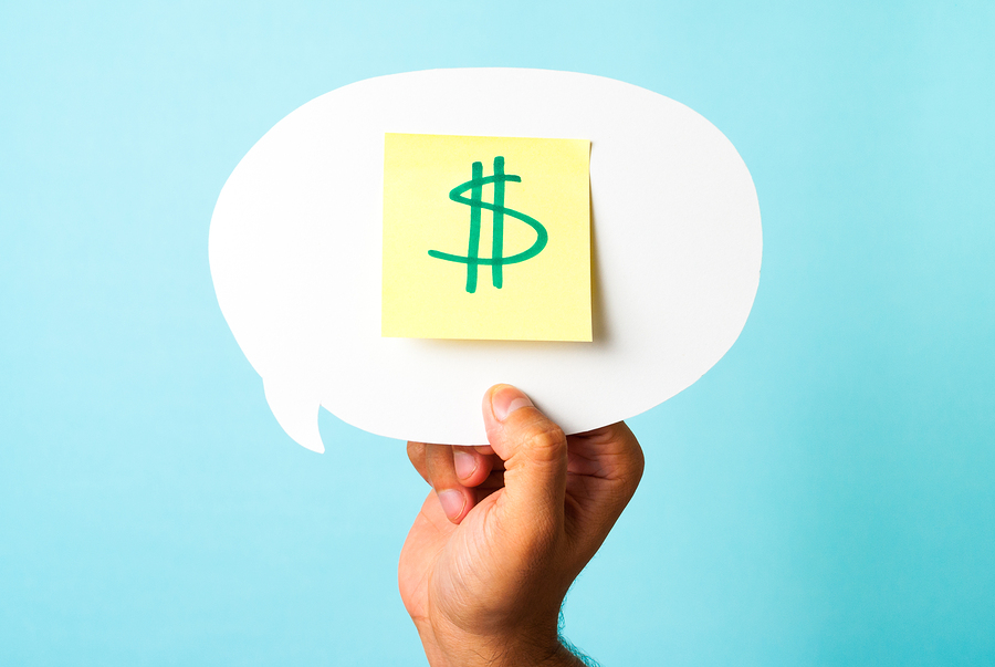 Hand announcing, green dollar symbol, money and saving concept.