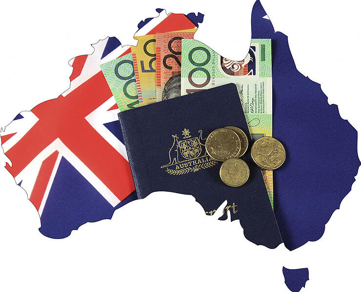 Map Of Australia With Australian Flag, Passport And Money Cash D