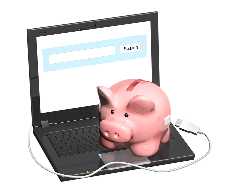 Electronic bank account. Piggy bank and laptop. Objects isolated