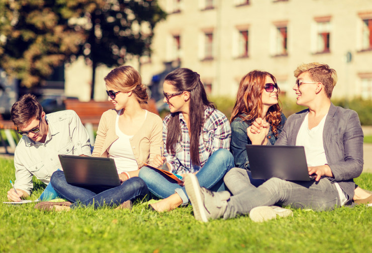 summer, internet, education, technlogy and campus concept - grou