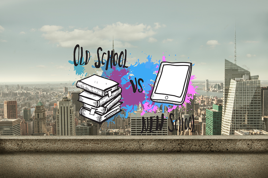 Old school vs new school on paint splashes against balcony overl