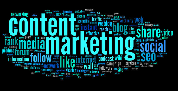 Content marketing concept in word tag cloud on black background