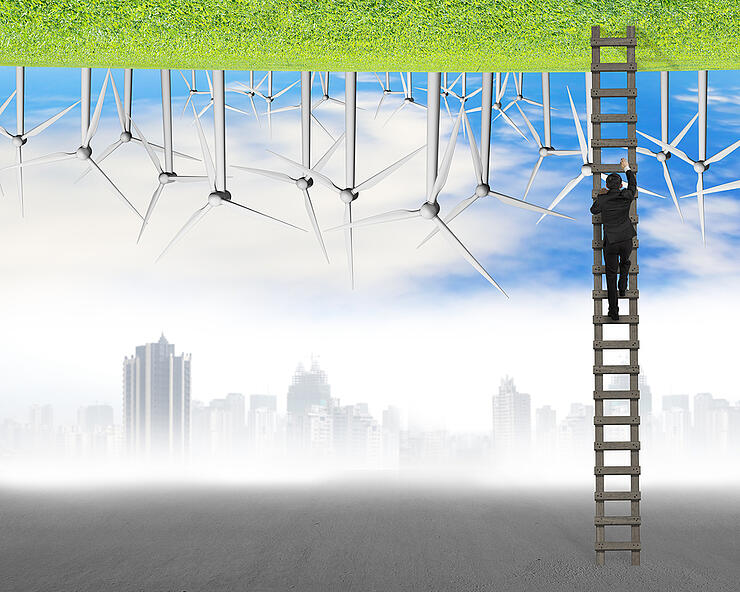 Businessman Climb On Wood Ladder Between Two Inverted World