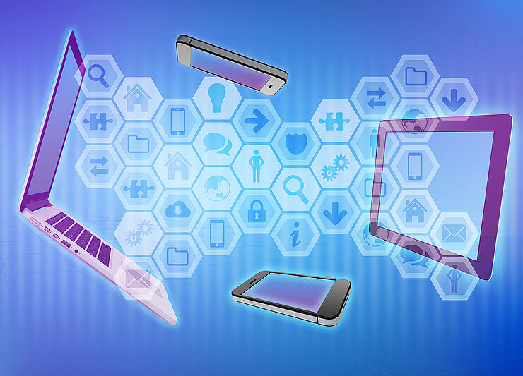 set of application icons with a laptop, phone and tablet.